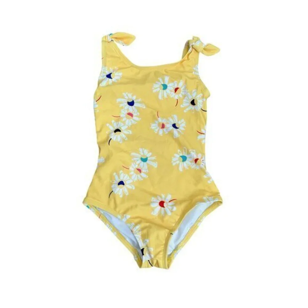 Hanna Andersson Girls Yellow Daisy Floral One-Piece Swimsuit With Adjustable Sho